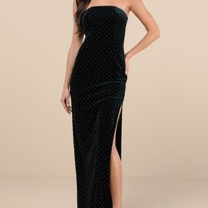 Lulus Dreamy Choice Dark Green Rhinestone Strapless Maxi Dress - Size L